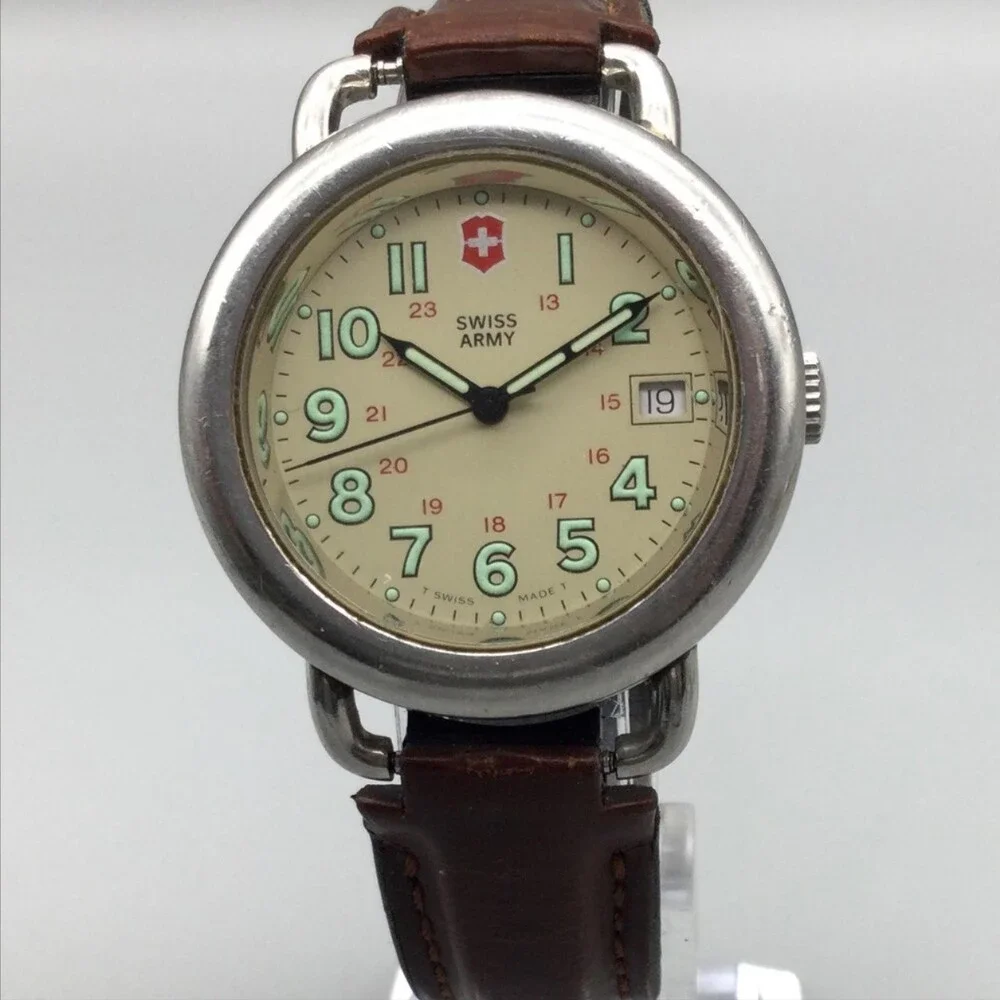 Vintage Swiss Army Mens Watch 37mm Cream Dial Brown Leather Date New Battery